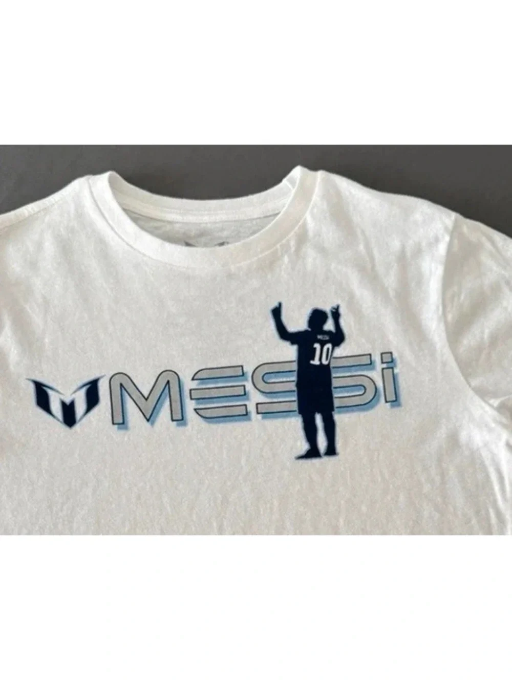 MESSI Youth Large White Graphic Soccer T-Shirt with Blue Logo